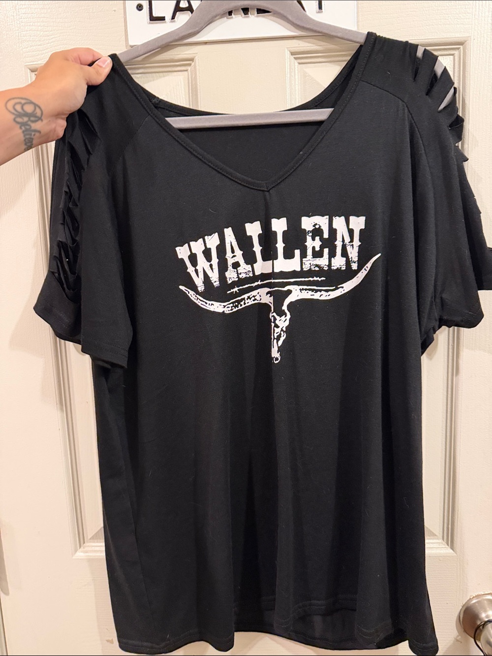 Black Graphic Slashed Shoulder Women’s Tee